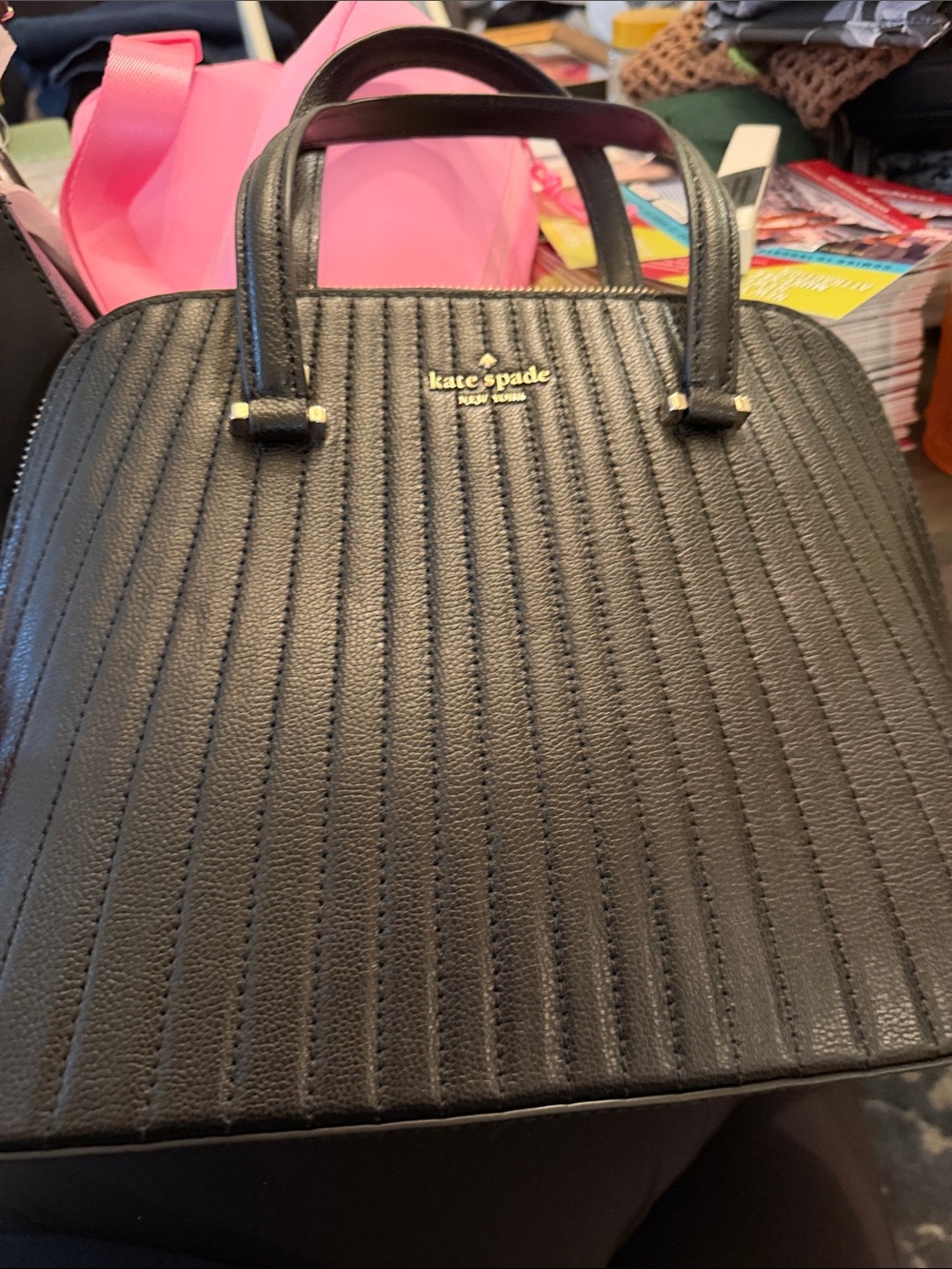 kate spade Black Quilted Top-Handle Satchel with Gold Logo NWT